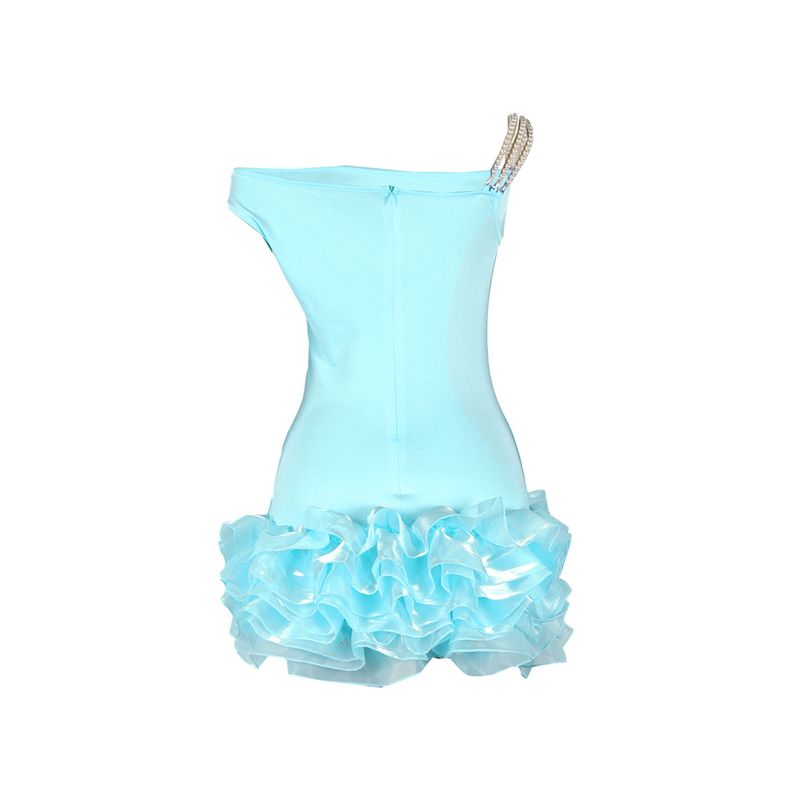 Women's Clothing Sexy Sleeveless Oblique Shoulder Elastic Slim Mesh Splicing Fungus Lace Dress_voghion.com