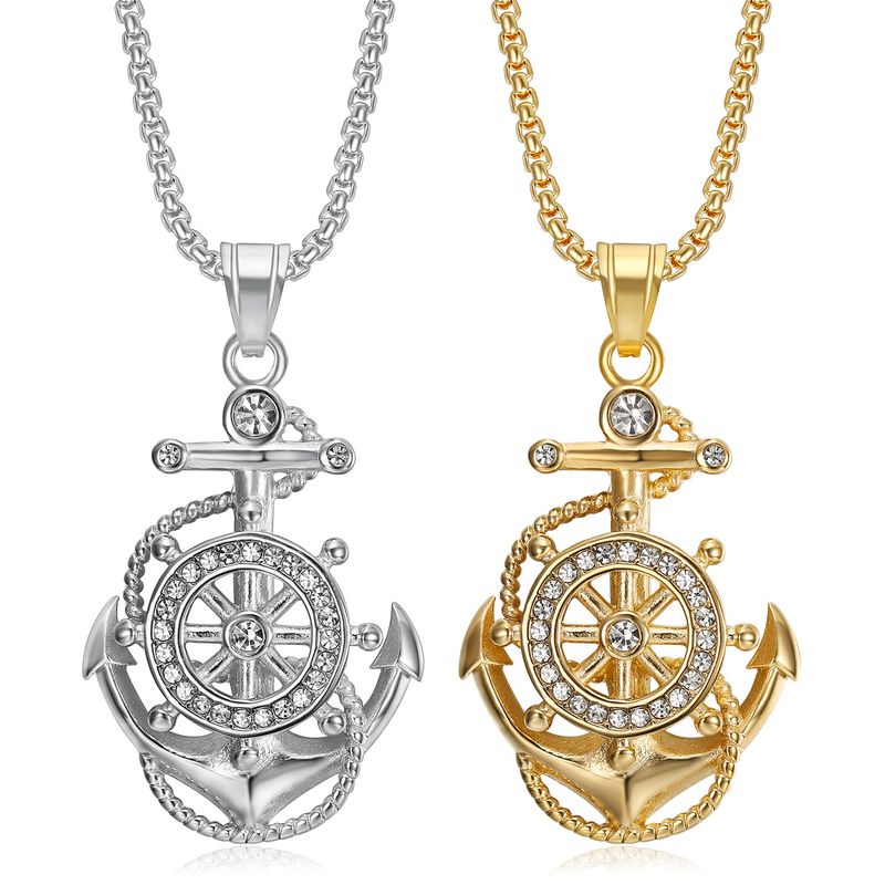 New Hip Hop Jewelry Titanium Steel Vacuum Gold Plated Diamond Set Anchor Pendant Necklace_voghion.com
