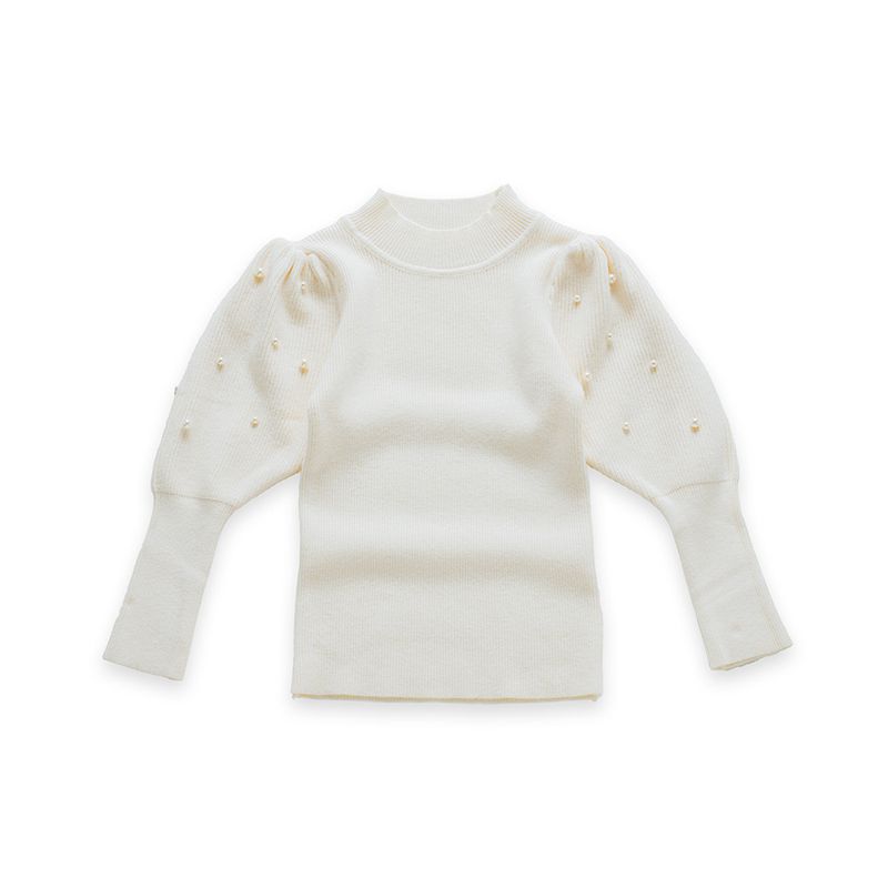 Otroška oblačila za deklice, pulover z bisernimi rokavi in jagnječjim vzorcem, otroški vsestranski pulover z dolgimi rokavi in lanternskimi rokavi, enobarvni, jesenski in zimski_voghion.com