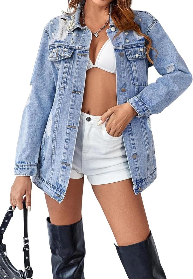 Giacca in denim effetto consumato, casual, stile boho, da donna, con maniche lunghe e strass, vestibilità ampia, colletto polo (azzurro)_voghion.com