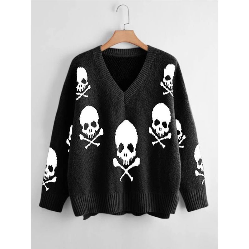 Pull gothique en tricot avec tête de mort extraterrestre des années 2000 – Pull unisexe oversize à col en V pour Halloween et Noël | Style streetwear_voghion.com