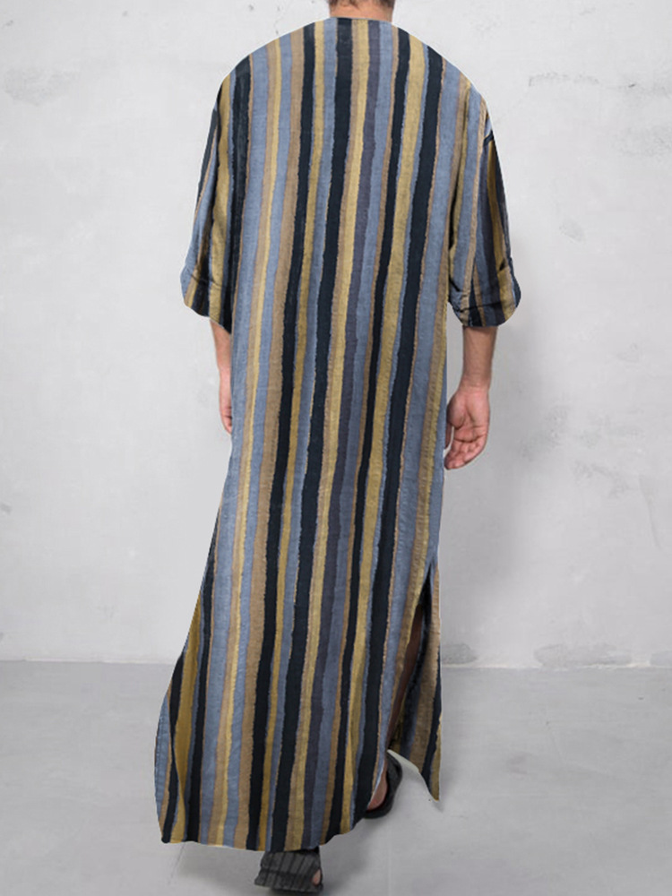 Muslim Robe New Style Men's Loose Door Stripe Long Sleeve Ready-Stock Ethnic Style Bodysuit_voghion.com