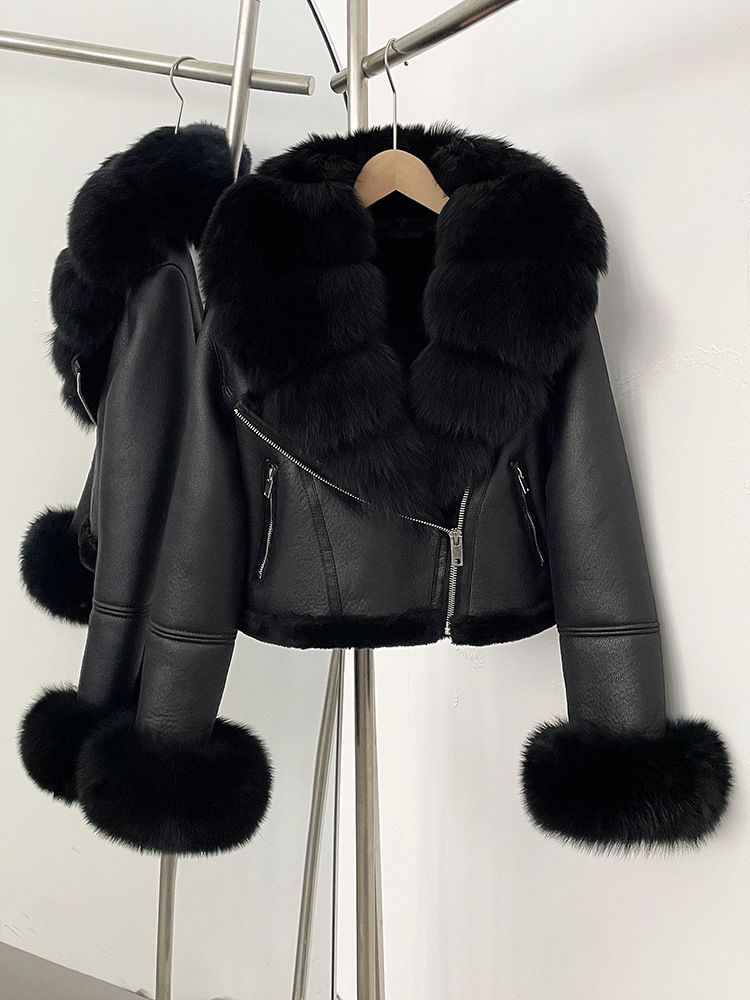 Women's Faux Fur Collar Short Jacket With Leather Trim, Winter Warm Zip-Up Coat, Punk Streetwear Style, Multiple Colors Available_voghion.com