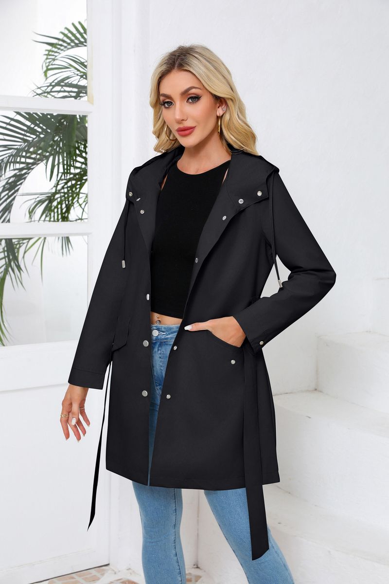 Trench-coat léger à capuche et ceinture pour femme, coupe-vent ample et décontracté (noir, rose, gris clair, beige, bleu marine)_voghion.com