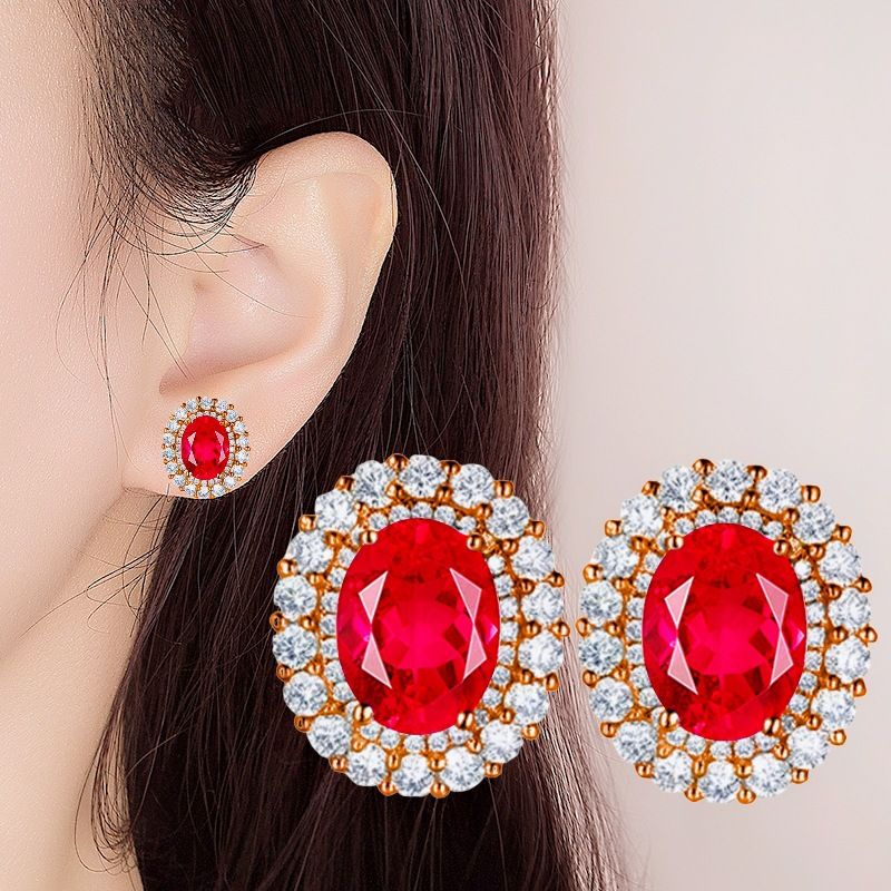 Luxury Fashion Colored Gemstone 6 Carat Tanzanite Stud Earrings Emerald Red Blue Diamond Set Gemstone Earrings Party Birthday Gift Anniversary Gift_voghion.com