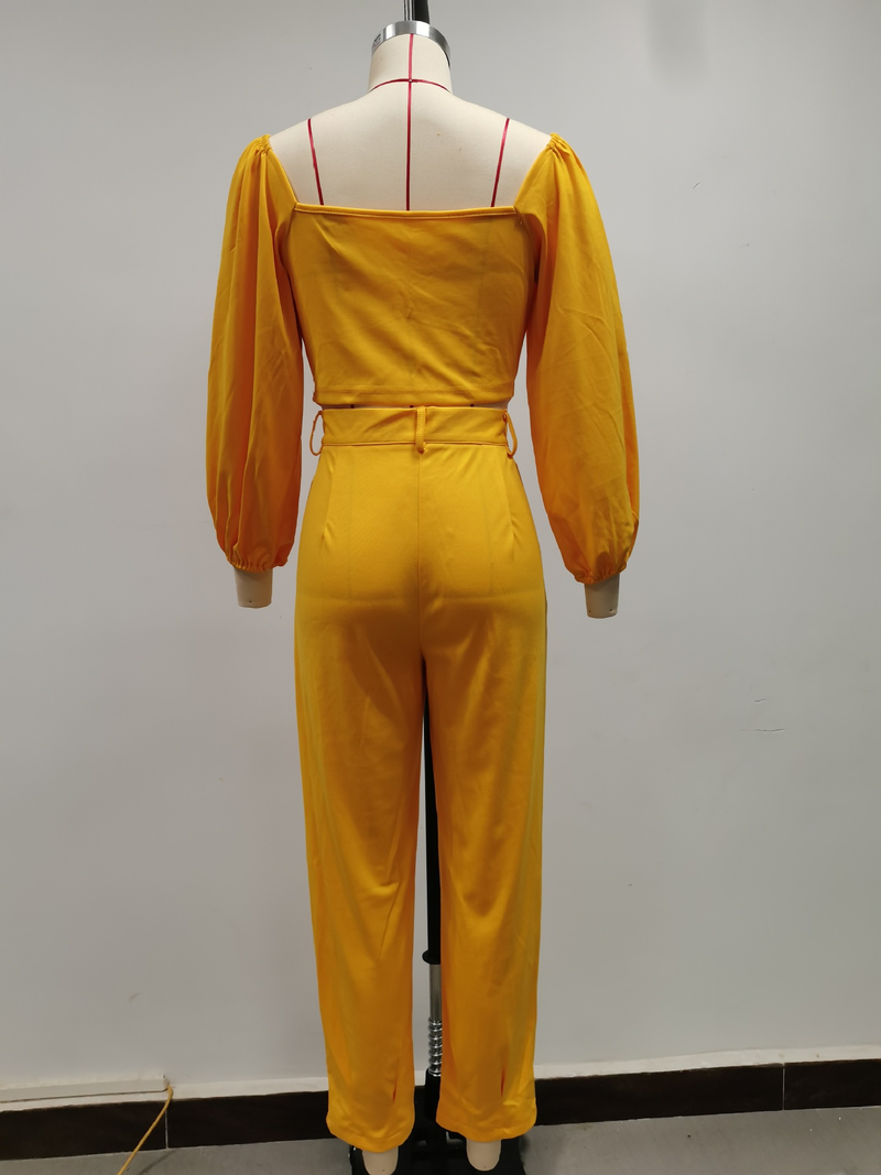 2025 New Autum Witer Wome's Square Neck Slim Fit Short Top Loose Solid Color Casual Log Pats Two-Piece Set For_voghion.com