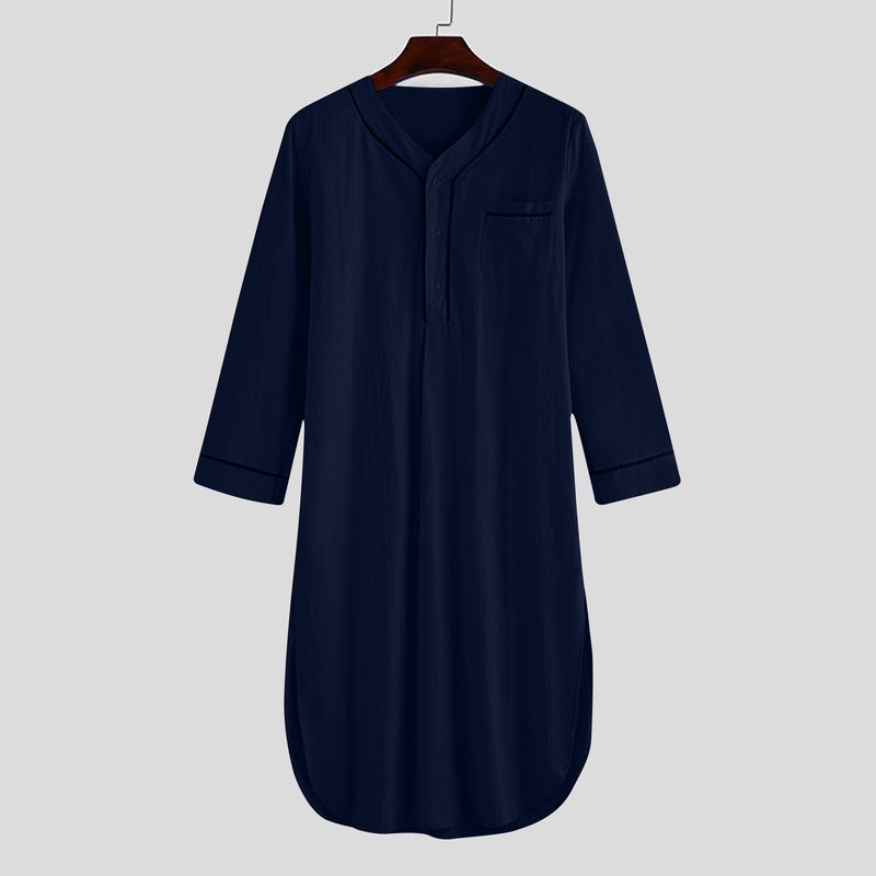 2025 Frühling Muslimischen Mittellangen Lose Feste Pyjamas männer Homewear Nachtwäsche Farbe Block_voghion.com