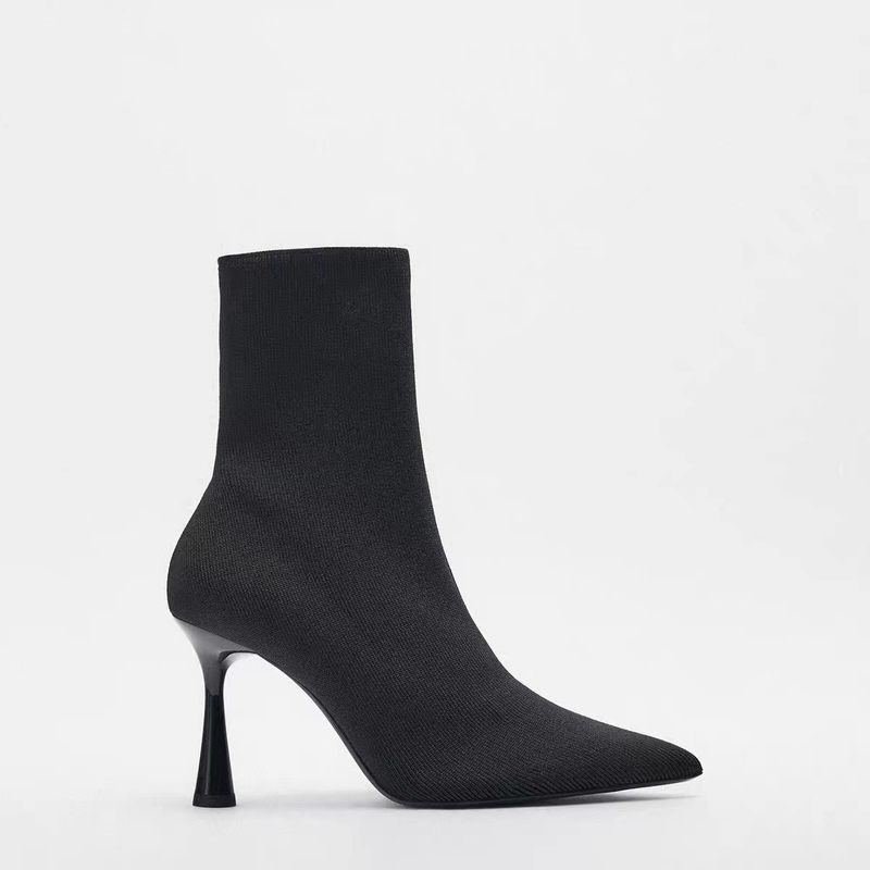 ZA Automne Nouvelles Chaussures Femme Tissu Noir Haute Élasticité Bout Pointu Stiletto Court Chaussette Bottes Mode_voghion.com