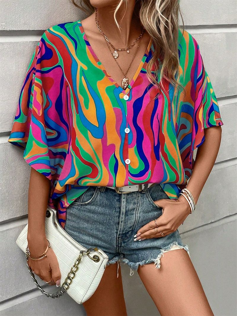 2025 Kobiety Lato Styl Bluzki Koszule Damska Casual Batwing Rękaw Kwiatowy Nadruk Bluzki Topy DF5024_voghion.com