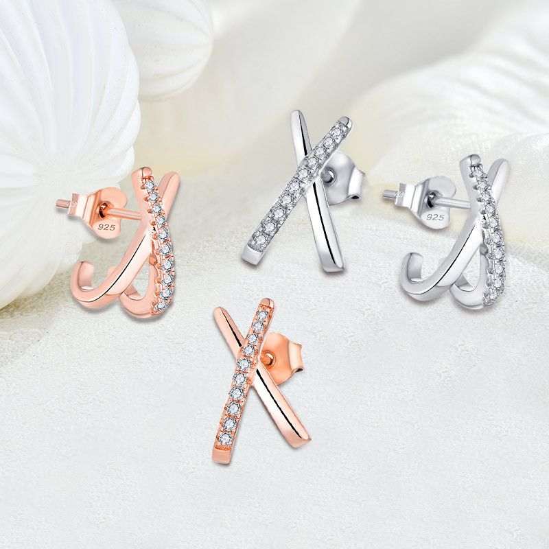 Orecchini geometrici a croce X in zircone s925 placcati in argento orecchini in oro rosa gioielli da donna gioielli in argento_voghion.com