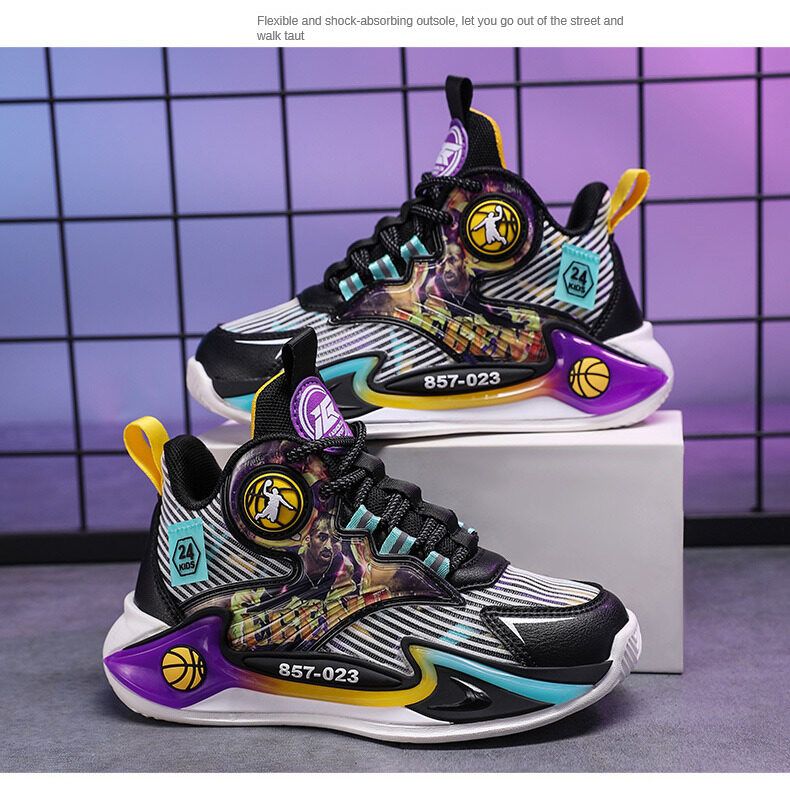 JUSTSL Dicke Sohle Rutschfeste Kinder Jungen Sport Turnschuhe 2023 Frühling High-Top Basketball Schuhe Größe 26-37_voghion.com