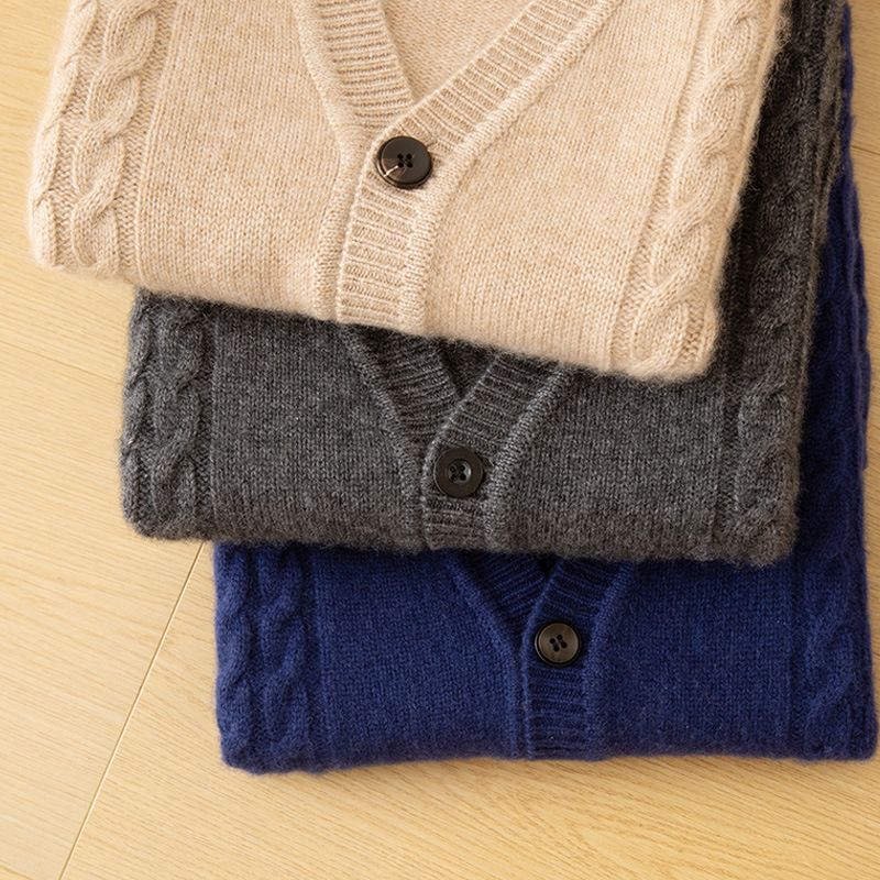 Cardigan in cashmere con scollo a V da uomo, lavorato a maglia, modello 25, autunno inverno, scollo a cuore, tinta unita, modello intrecciato_voghion.com