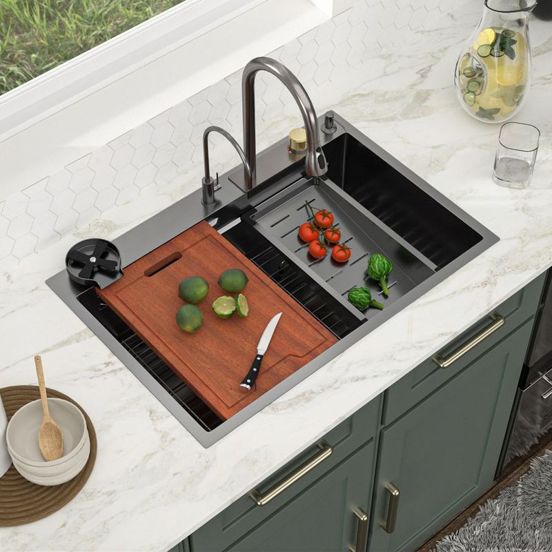33in. *22in.*10in. Drop In 304 Stainless Steel Workstation Kitchen Sink With Dual Built-in Ledge, Top Mount Single Bowl Workstation Sink With Pull-Out Spray Head Faucet And Rainfall Faucet ,Cup Washer_voghion.com