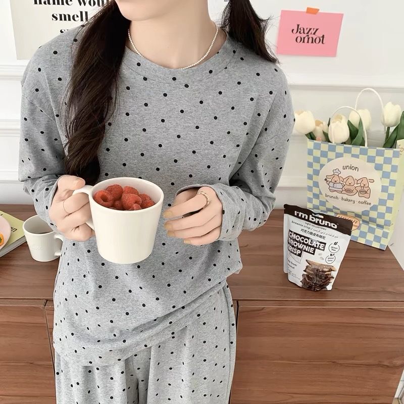 High quality cotton spring autumn ins style pajamas for women, loose and casual round neck polka dot set, long_voghion.com