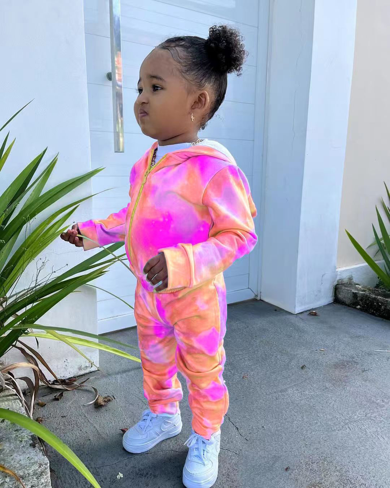 M8069 children's clothing 2024 casual sports new cardigan long sleeved tie dyed hoodie set_voghion.com