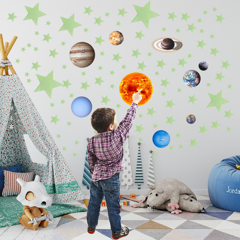 Caja colorida luz nocturna sistema solar nueve planetas principales, estrellas, meteoritos, pegatinas de luz nocturna, habitación infantil_voghion.com