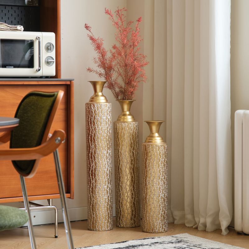 Metal Decorative Vases High Distress Metal Center Vases With Growing Vine Patterns, Set Of 3 Vases For Home Decoration 34 ", 29 ", 25 "H, Gold_voghion.com