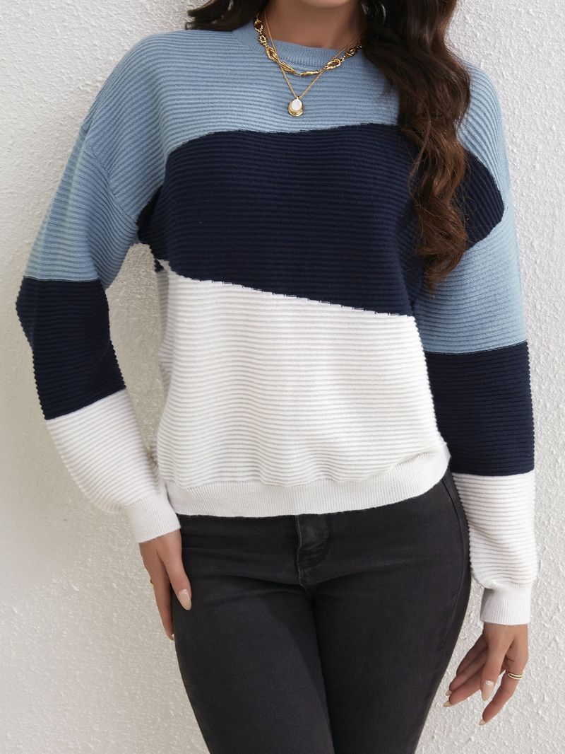 Pull élégant en tricot pour femme, haut ras du cou à manches longues, tendance, mélange de polyester doux et chaud, idéal pour le bureau et les loisirs (blanc, gris foncé)_voghion.com