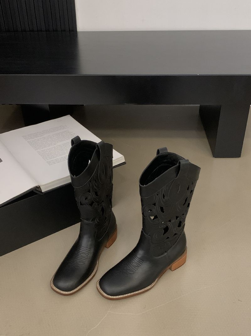 2024. gada jauni apavi Rietumu kovboju izšūti ar garu kāju bruņinieks sieviešu kvadrātveida galvas rupji papēža zābaki vasarā_voghion.com