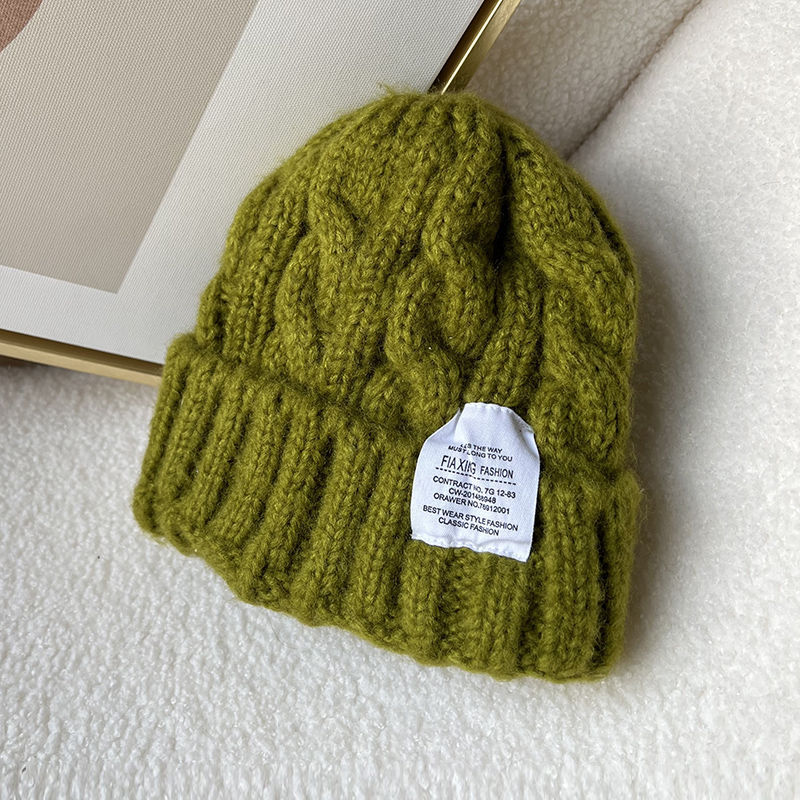 Hat Female Winter Net Red Coarse Wool Letter Knitted Hat Warm Fried Dough Twists Pullover Cap Green Cold Hat Loose Show_voghion.com