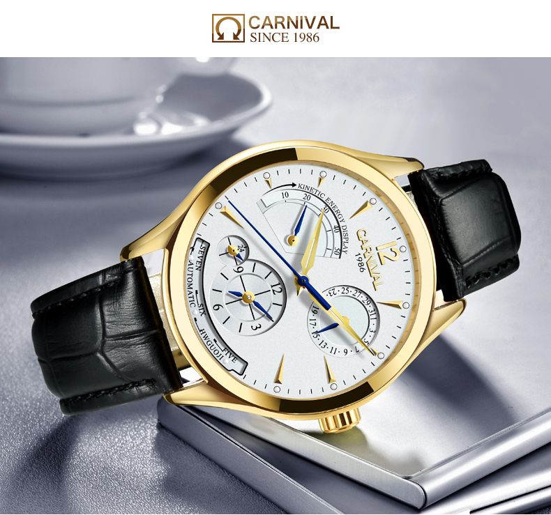 CARNIVAL Second Time Zone Kinetic Energy Display Watch Men Sapphire Automatic Mechanical Watches Man Watch Leather Waterproof_voghion.com
