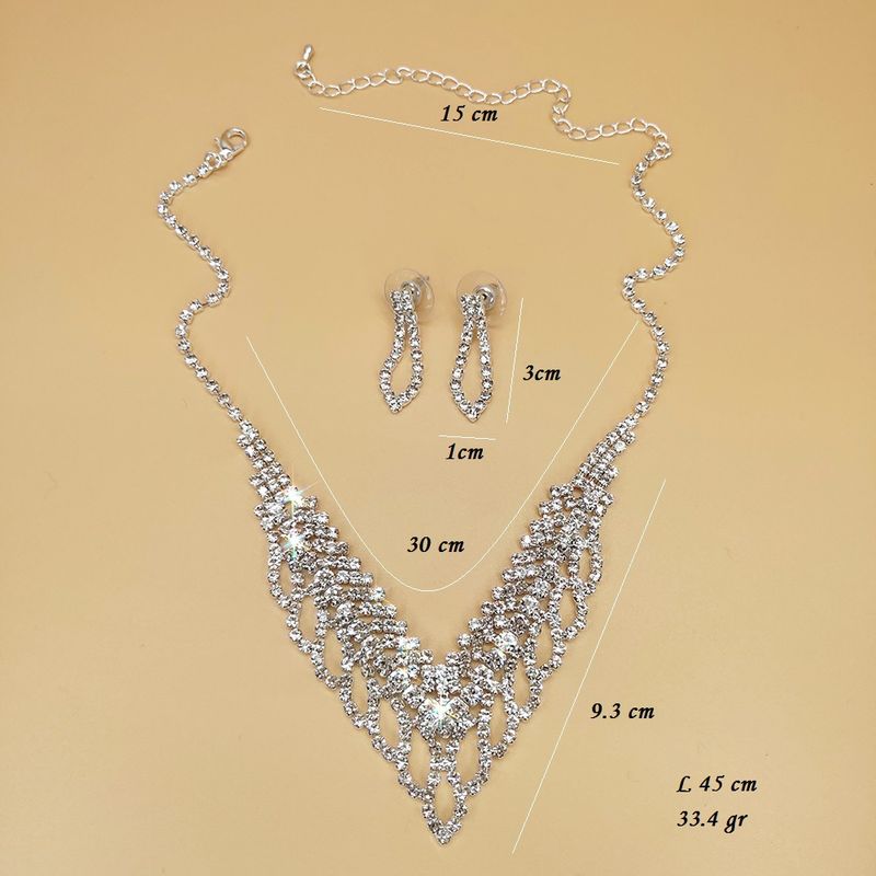 Conjunto de joyas de diamantes de imitación de lujo: collar para bodas y cenas con diseño hueco y detalles brillantes de imitación de diamante (3 piezas)_voghion.com
