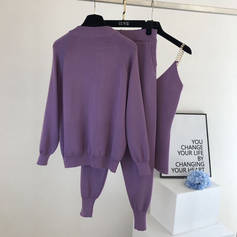 Damen Strickanzug Weste, Jacke, Elastische Hose, Modischer Dreiteiler_voghion.com