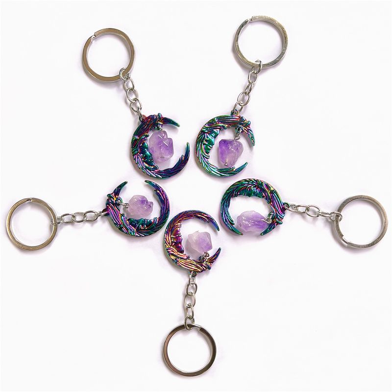 Portachiavi con cristallo viola irregolare naturale a forma di luna, materiale scolastico e per ufficio_voghion.com