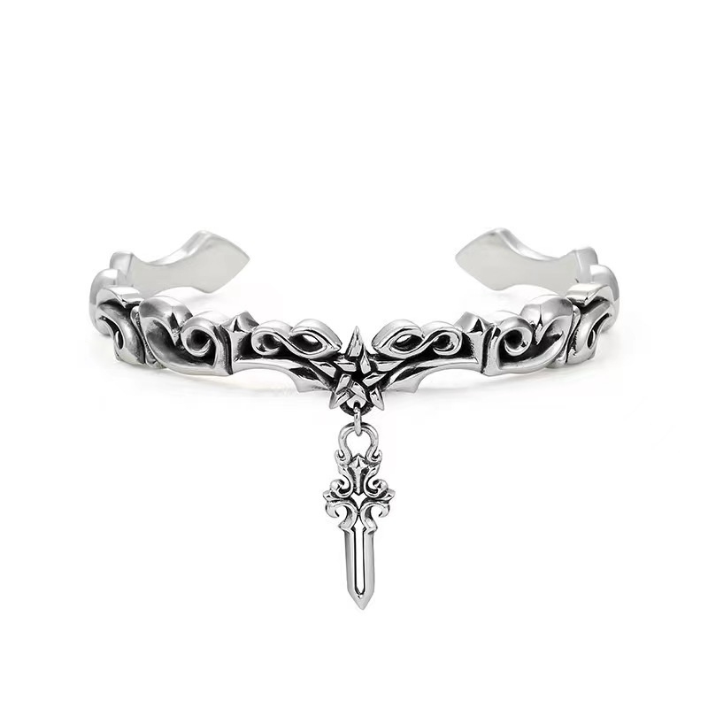 Kore versiyonu S925 gümüş asma Bilezik ağır sanayi beş köşeli yıldız çapraz koyu desen Bilezik yaratıcı moda_voghion.com