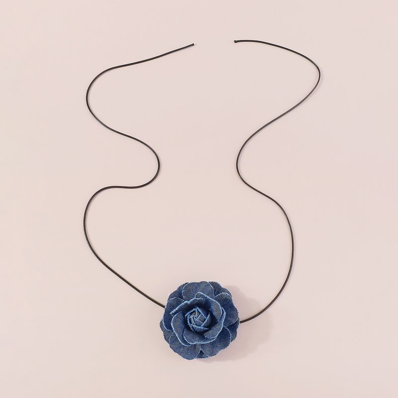N11261 Halskette mit Rosen in Jeansblau im französischen Stil, würziges Mädchenband, Halsband mit Schlüsselbeinkette_voghion.com