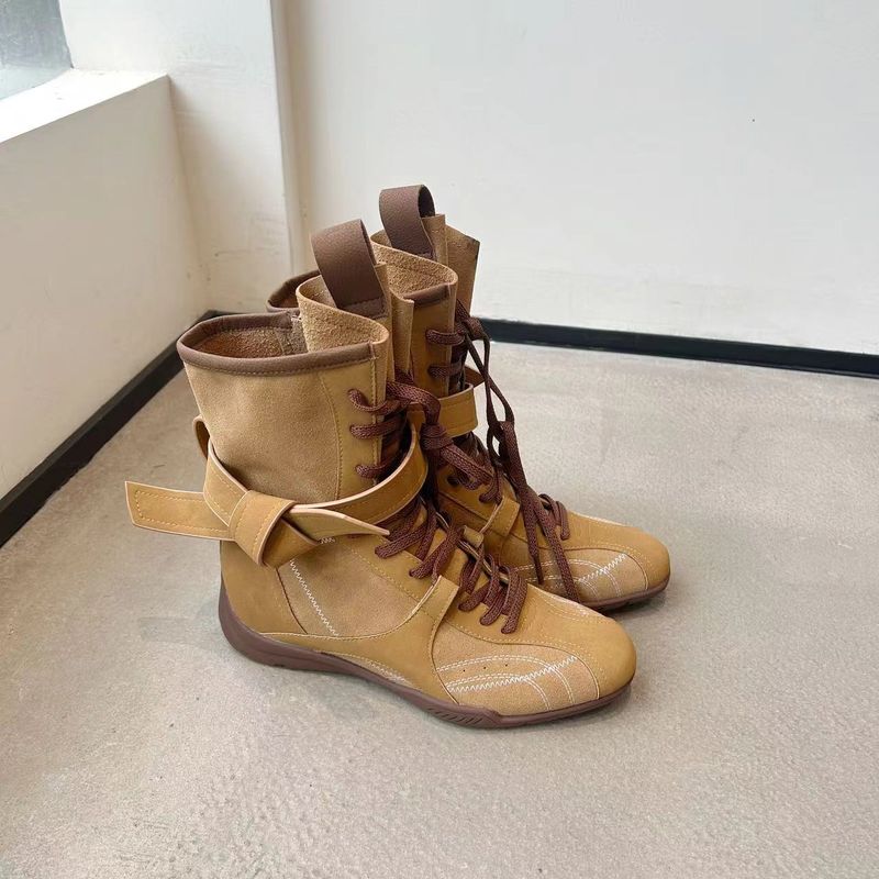 Women Boxing Boots 2025 Spring Height-Increasing Martin For Women, Brown Boxing Suede Round-Toe Lace-Up Sports Boots, Short Boots_voghion.com