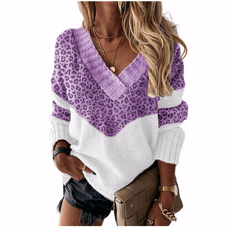 Pull ample à col en v pour femme, pull ample avec couleurs contrastées, automne et hiver_voghion.com