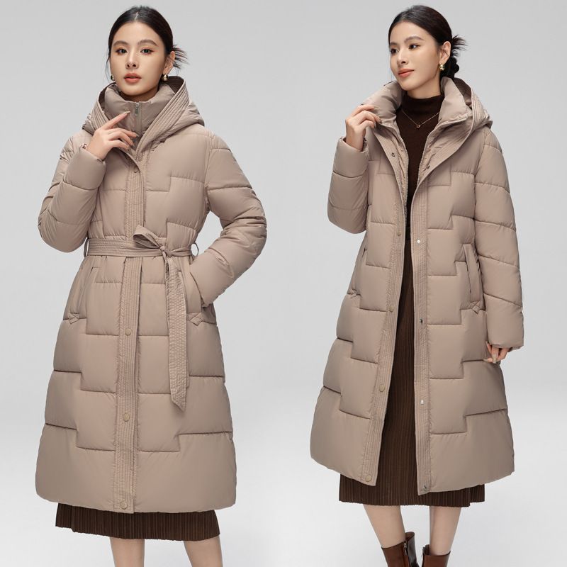 Longline Belted Puffer Coat For Women – Slim-Fit Winter Jacket With Hood, Polyester Shell & Waist-Defining Design (Khaki/Cream/Black/Brown)_voghion.com