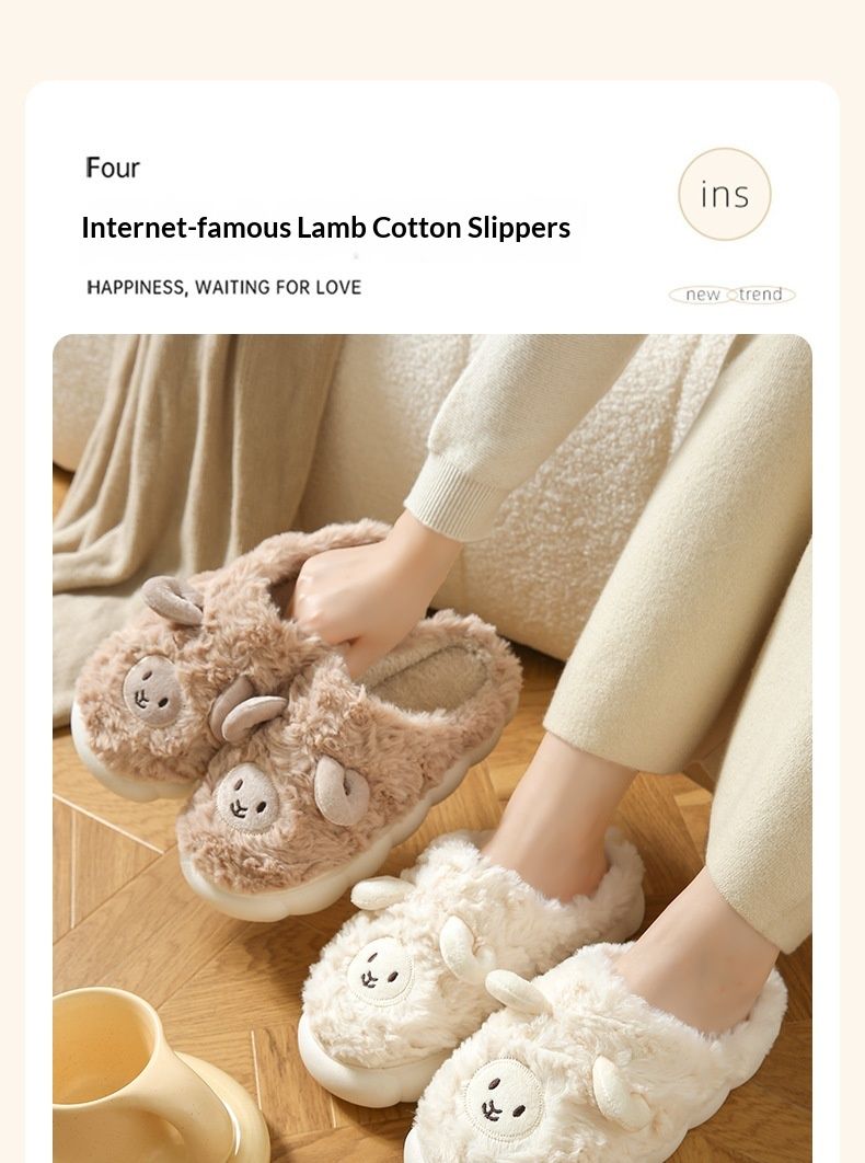 Voyage Voyage Cotton Women Cute Little Sheep Indoor Home Couple Household Lamb Wool Warm Slippers For Men Winter_voghion.com