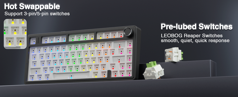 AULA F75 Pro Kabellose mechanische Tastatur, 75 % Hot-Swap-fähige benutzerdefinierte Tastatur mit Knopf, RGB-Hintergrundbeleuchtung, vorgeschmierte Reaper-Schalter, seitlich bedruckte PBT-Tastenkappen, 2_voghion.com