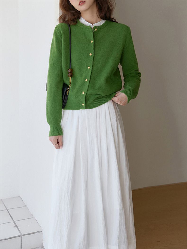 Cardigan lavorato a maglia con scollo rotondo e bottoni dorati, da donna, coreano, delicato, autunno 2024, casual, basico, giacca_voghion.com