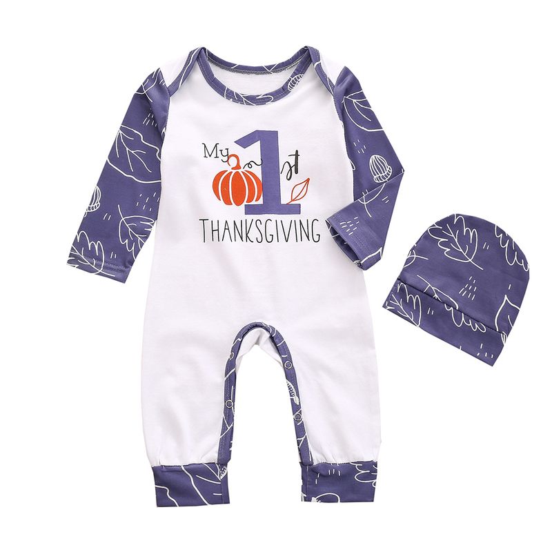 New letter printed long sleeved jumpsuit and hat two-piece set for boys on Thanksgiving_voghion.com