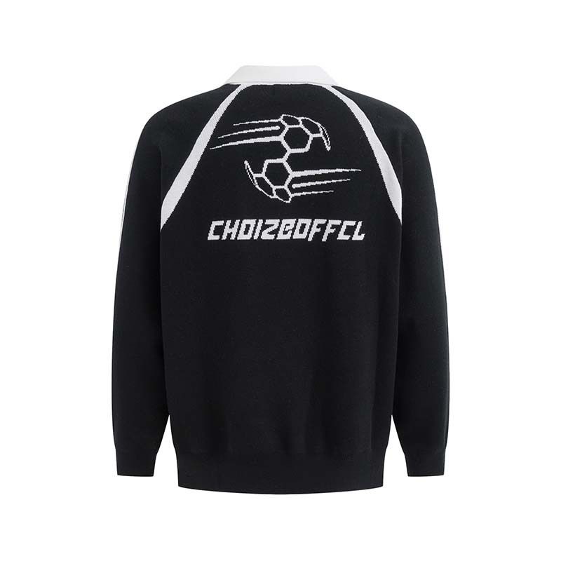 American retro letter jacquard contrast color POLO collar sweater men's fashion brand loose sports all match knitted sweater jersey_voghion.com