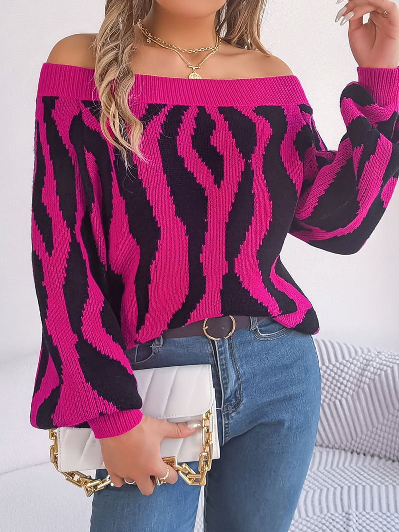 2023 Herbst Winter Casual Color-Block Off-Shoulder Laterne Ärmel Pullover Damenmode_voghion.com