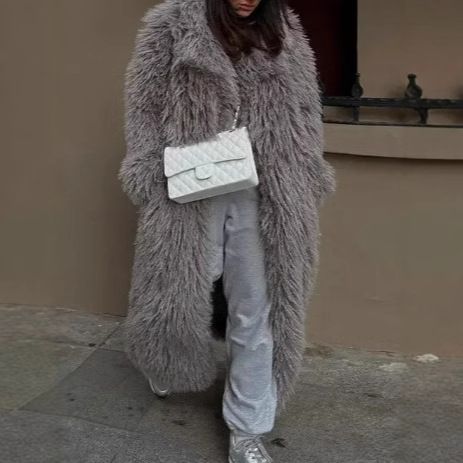 Abrigo largo de felpa para mujer, chaqueta cálida de invierno de piel sintética gris, elegante prenda exterior para ocasiones sociales de otoño e invierno._voghion.com