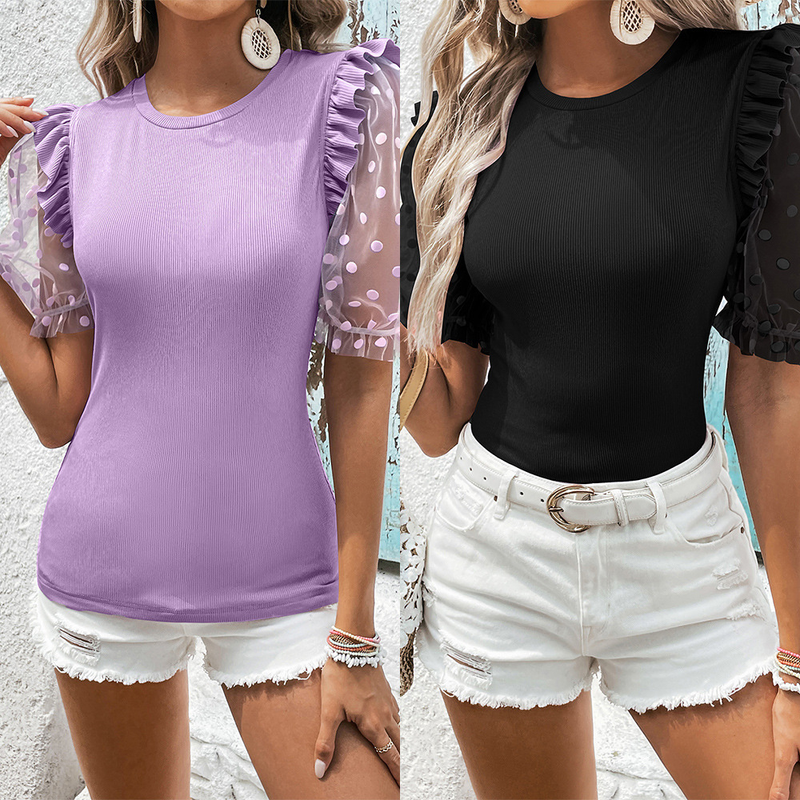 Top t-shirt da donna a maniche corte con girocollo in velluto patchwork di velluto a pois trasparente sexy_voghion.com