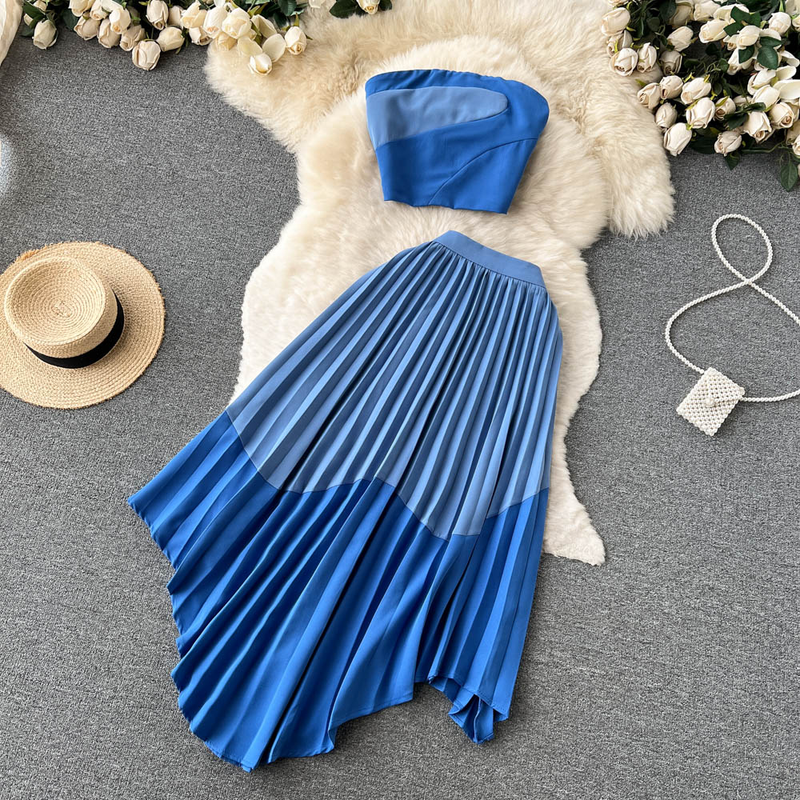 Women's Summer Contrasting Color Tube Top, Irregular Pleated Skirt, Trendy_voghion.com