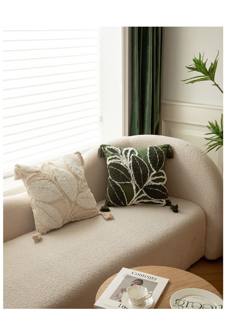 Federa per cuscino con motivo a foglie nordiche - Federa per cuscino in misto lino 45x45 cm per divano/letto (verde/beige) - Opzioni ricamo e pois trapuntati_voghion.com
