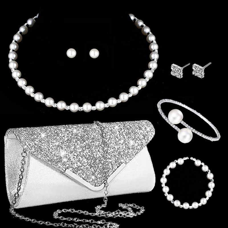 Perlenkette, Ohrringe, Armband, fünfteiliges Set, personalisiertes Perlen-Schmuckset für Damen, elastisches Schlüsselbeinhalsband_voghion.com