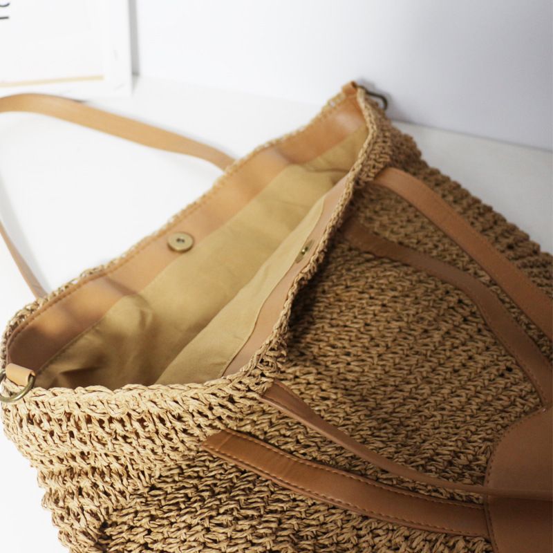 Borsa a secchiello grande capacità, borsa a tracolla in paglia intrecciata, borsa casual da donna, estate 2025_voghion.com