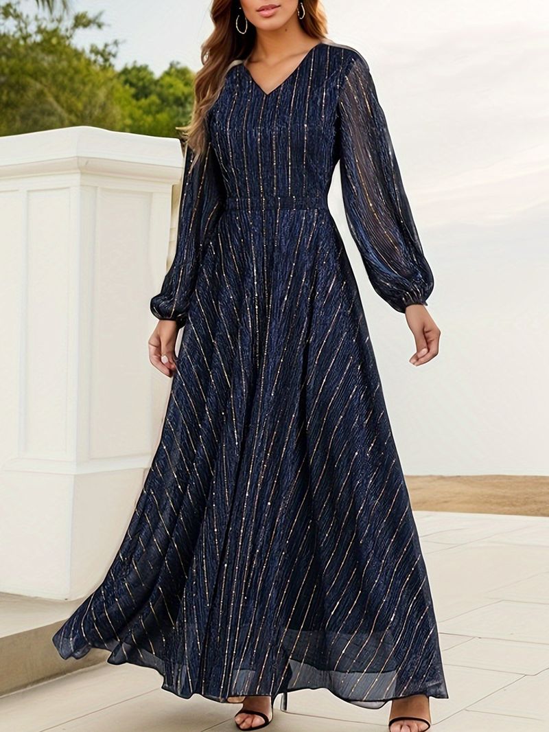 Elegant Plus Size Sequin Evening Dress For Women - V-Neck Long Sleeve A-Line Party Gown With Glitter Detail_voghion.com