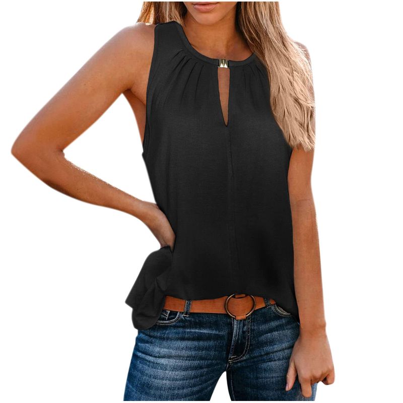 Canotta tinta unita con scollo a V e fibbia personalizzata, modello elegante, moda donna primavera/estate 2025_voghion.com