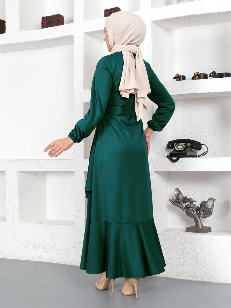 Schlichtes muslimisches Kleid mit langem Rock – Doppellagige Rüschentaille, einfarbig gestrickt (Dunkelgrün/Schwarz, S-XL)_voghion.com