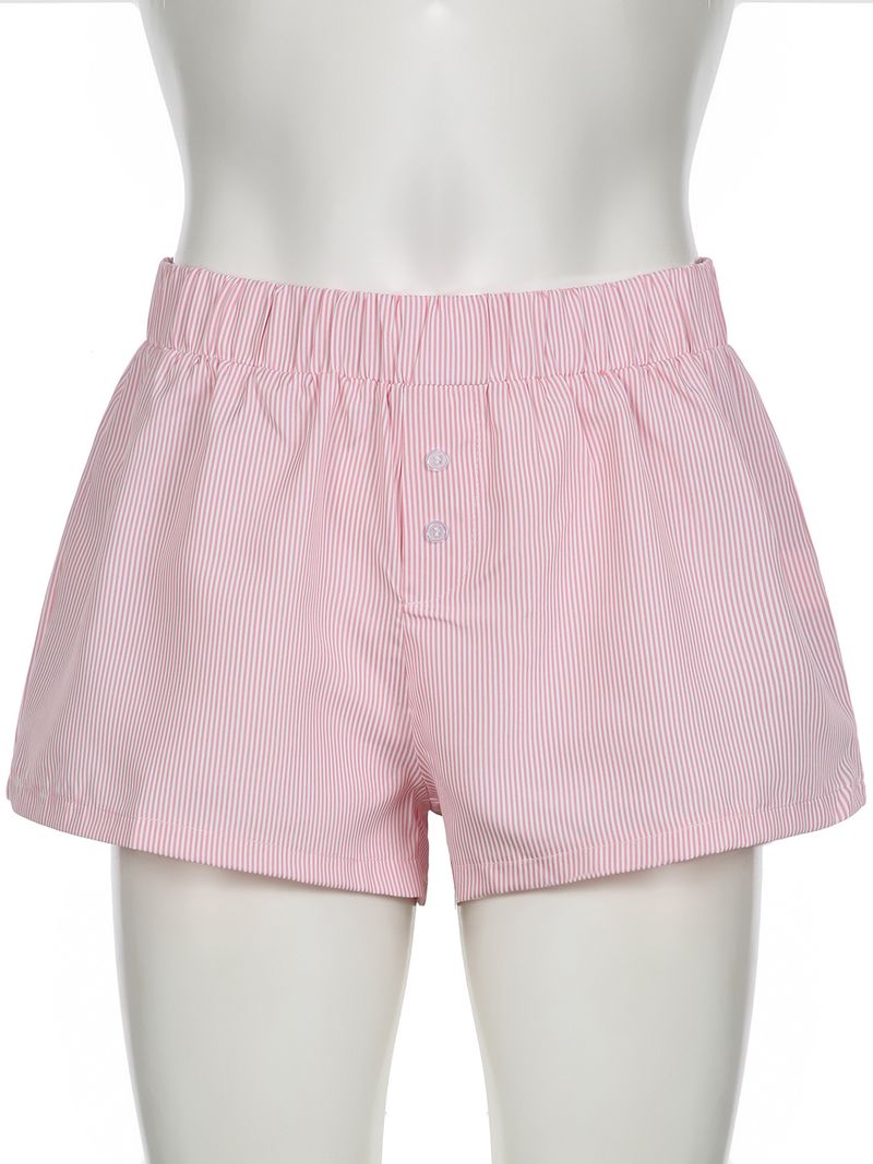 Damen Sommer Shorts Gestreift Gewebt Elastisch Hohe Taille Knopf Locker Lässig Bequem Basic_voghion.com