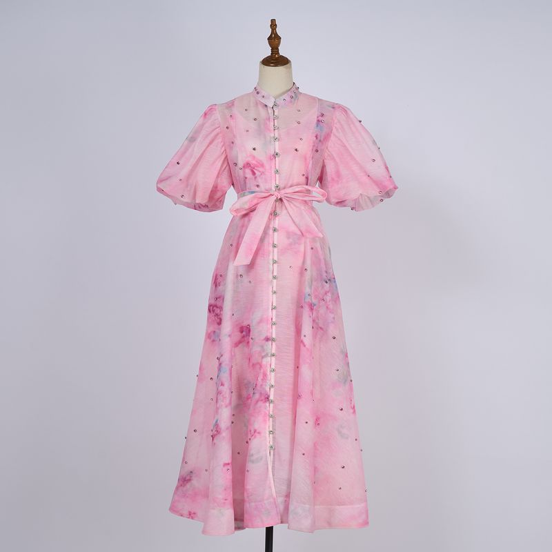 Robe à simple boutonnage, manches courtes, style palais d'été, design haut de gamme, résistante, clou diamant_voghion.com